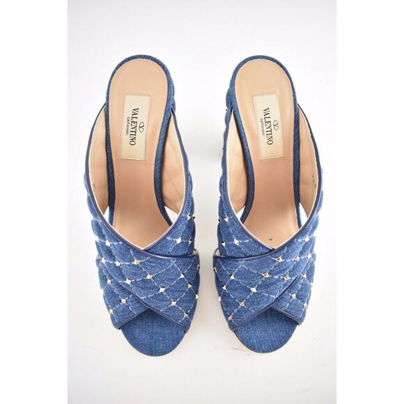 Valentino Rockstud Spike Denim Blue Mule Stud Backless Sandal Open Heel Pump 37 - Picture 7 of 12